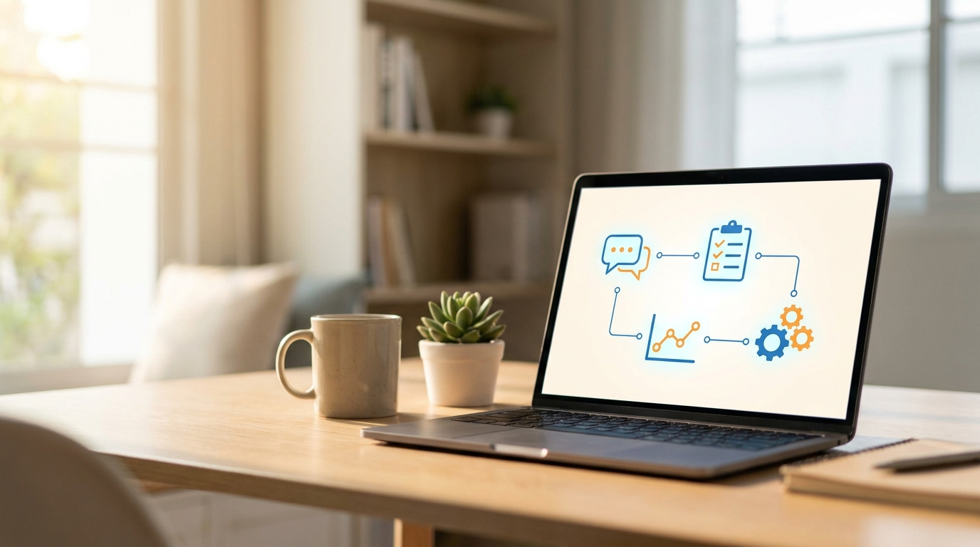 Minimalist home office desk with a laptop showing AI automation workflow icons, representing AI automation for small teams and solo entrepreneurs