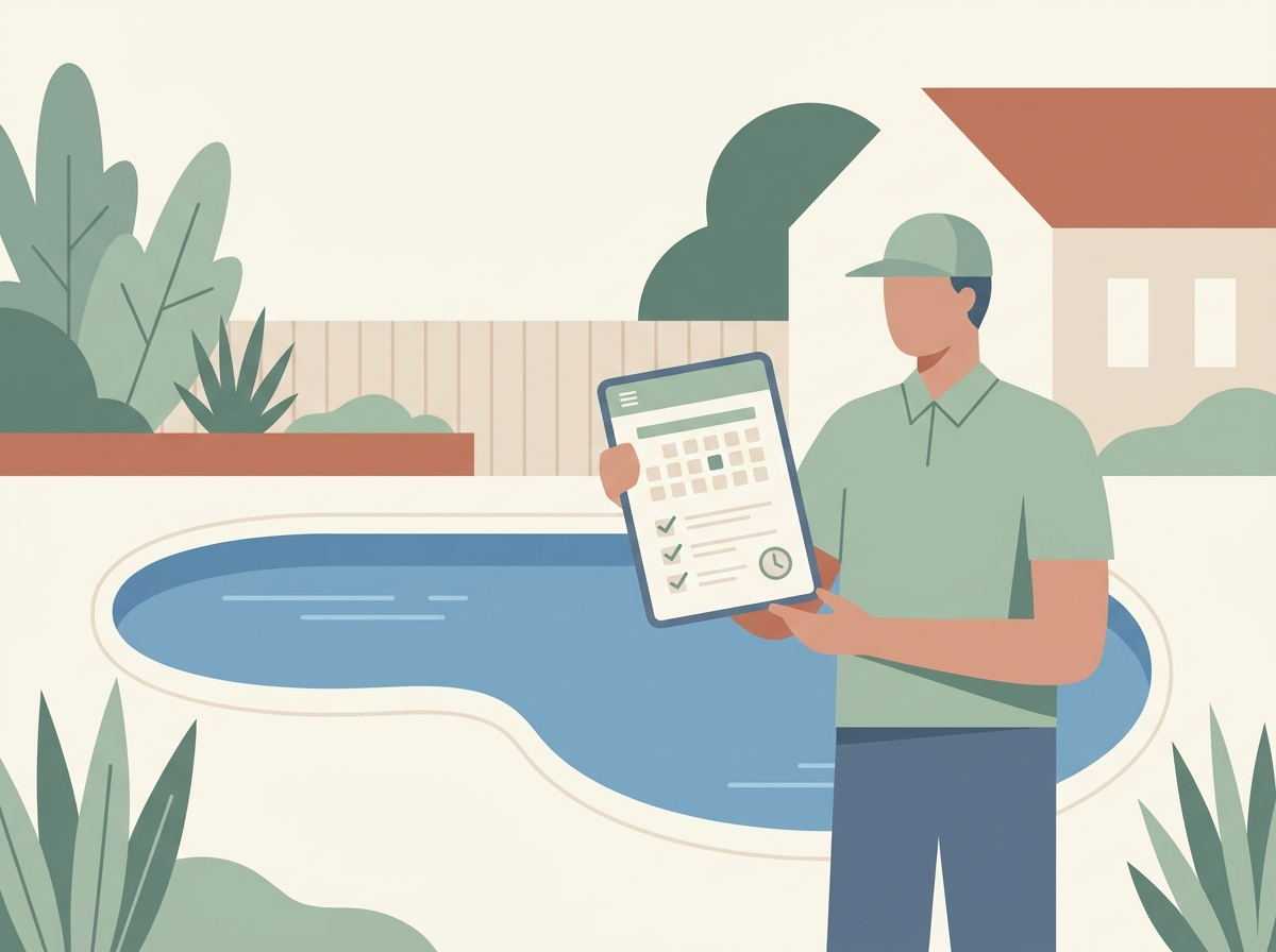 Illustration of a service technician reviewing an appointment reminder schedule beside a pool