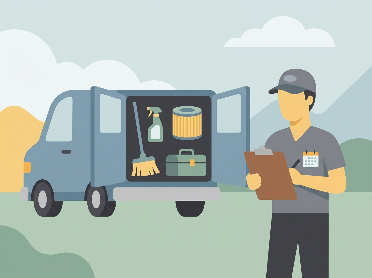 Illustration of a service van with organized multi-service equipment and a technician's schedule